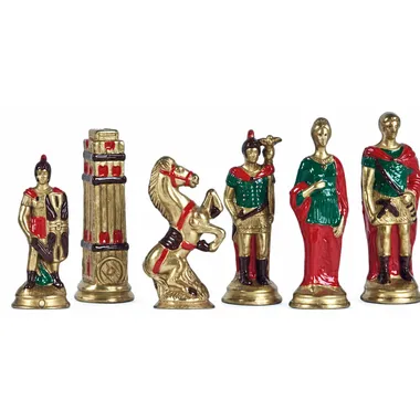 Painted metal chess pieces, golden Roman side, rook, knight, soldiers