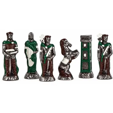 Painted metal chess pieces, silver Barbarian side, rook, knight, chiefs