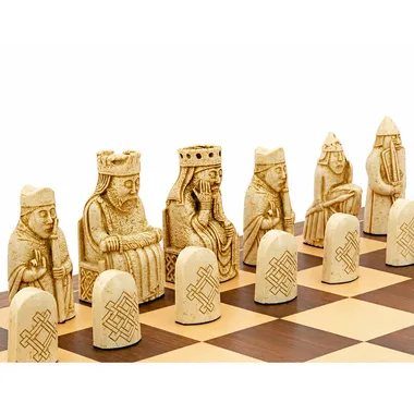 White Isle of Lewis resin chess pieces, detail of carved faces