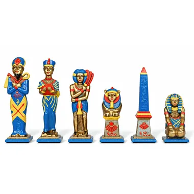 Egypt chess pieces in painted metal, blue and gold team with sphinx and obelisk