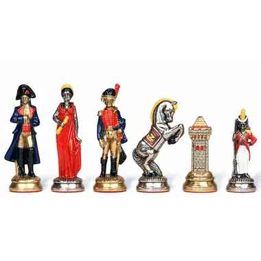 Napoleon Waterloo chess pieces in painted metal, queen, soldier, knight and rook