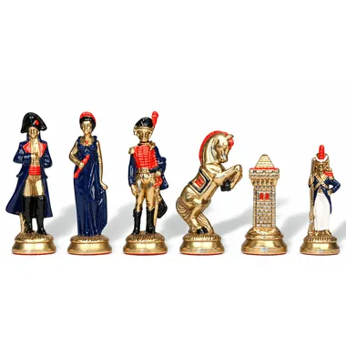 Napoleon Waterloo chess pieces in blue and gold tones, close-up view