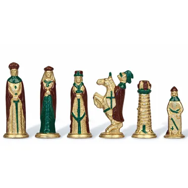 Medieval chess pieces seen in profile, queen, king, knight and rook