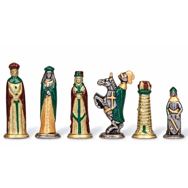 Medieval chess pieces in painted metal, queen, king, knight and rook