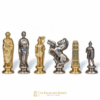 César II chess pieces in solid metal with silver and gold finish