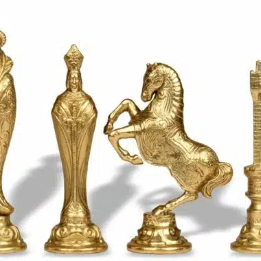 Renaissance chess pieces fully gold-toned, king, queen, knight and rook