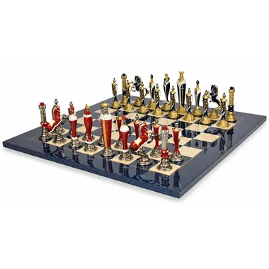 Complete Renaissance chess set displayed on blue lacquered maple chessboard