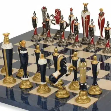 Alternative view of Luxury Renaissance Set: Blue Lacquered Maple Wood Chess Board & Hand-Painted Metal Chess Pieces