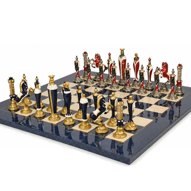 Hand-painted Renaissance chess pieces lined up on the blue chessboard