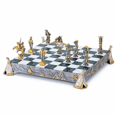 "Indians vs Cowboys" Set Chess Board and Chess Set in Bronze, Onyx and 24 Carat Gold