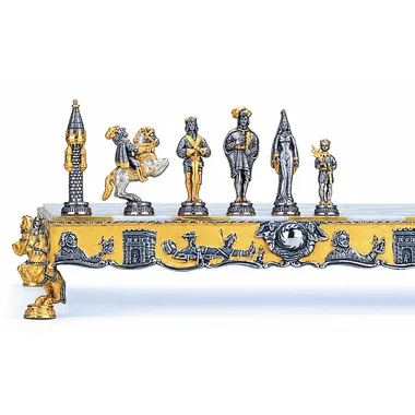"Gulliver and the Lilliputians" Set Chess Board and Chess Set in Bronze, Onyx and 24 Carat Gold