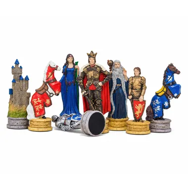 King Arthur resin chess pieces, detail of the king, queen and knight