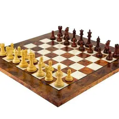 Madrid II Set: Lacquered Elm and Briar Wood Chess Board & Red Sandalwood Chess Set