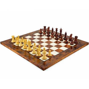 Madrid II set with lacquered elm and briar chess board, red wood pieces