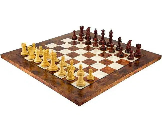 Madrid II Set: Lacquered Elm and Briar Wood Chess Board & Red Sandalwood Chess Set