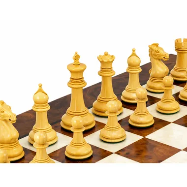 Detail of light sandalwood pieces, king, queen and bishops lined up