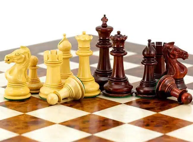 Madrid II Set: Lacquered Elm and Briar Wood Chess Board & Red Sandalwood Chess Set - Image 6