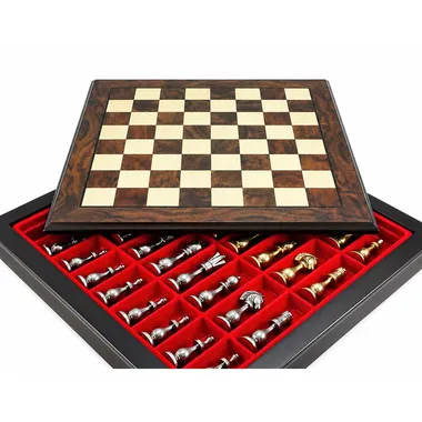 Open chessboard showing the storage compartment lined with red felt
