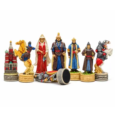 Resin chess pieces Russians vs Mongols, including a fallen knight