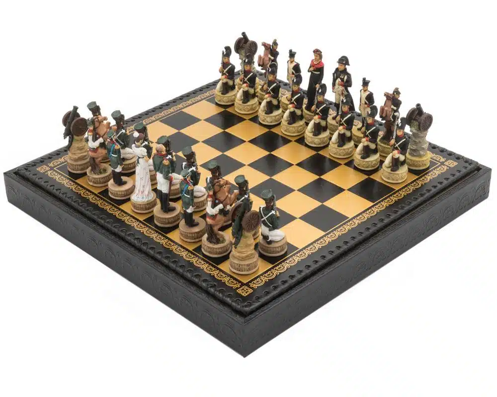 Napoleon Russian Campaign Chess Set in Resin with Black Faux Leather Chess Board