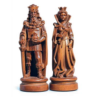 Bergamo king and queen in solid Alpine wood, detailed carving on burnished side