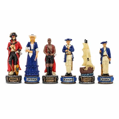 Pirates and Royal Navy chess pieces, painted, full set view