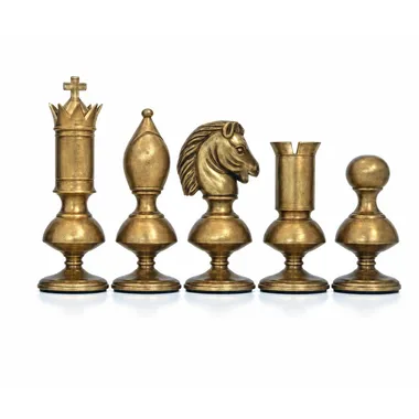 Brass chess pieces Giant Contemporain, king, queen, bishop, knight and pawn lined up