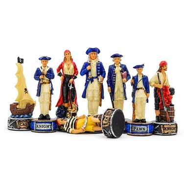Detailed pirate chess pieces lined up in front of the board