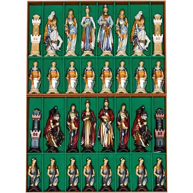 "Renaissance Oil-Painted with Gold Leaf Gilding" Chess Set in Traditionally Carved Solid Alpine Wood