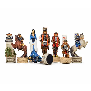 Resin samurai-themed chess set, complete painted pieces display