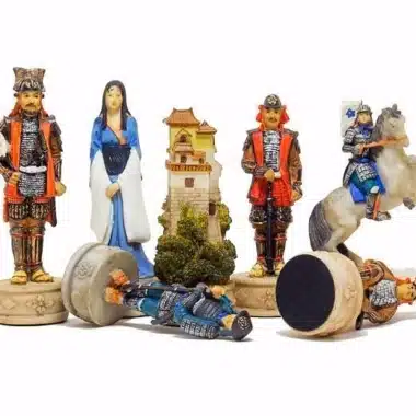 Samurai chess pieces with rook and queen, detail of painted figures