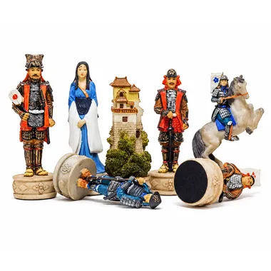 Samurai chess pieces with rook and queen, detail of painted figures
