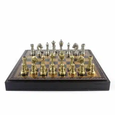 Staunton Mix II Chess Set with Faux Leather Chess Board with Built-in Storage & Solid Metal Chess Pieces