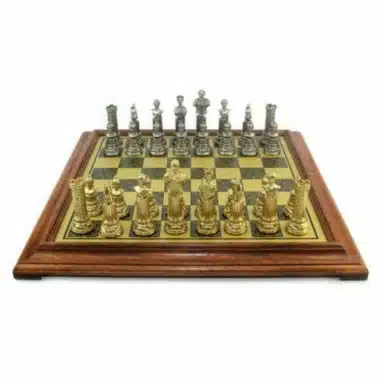 Roman Empire VII set placed on solid wood chess board, overall view
