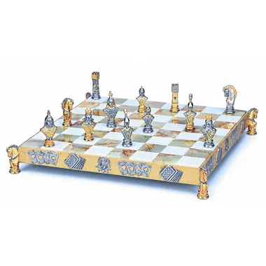 "Poker I" Set Chess Board and Chess Set in Bronze, Onyx and 24 Carat Gold