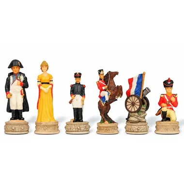 Chess pieces Battle of Waterloo, queen in yellow dress and English soldiers