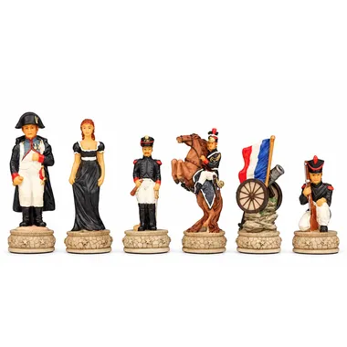 Chess pieces Battle of Waterloo, French side with queen, officer and horseman