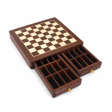 Chess board in golden rosewood and maple, double storage drawer open
