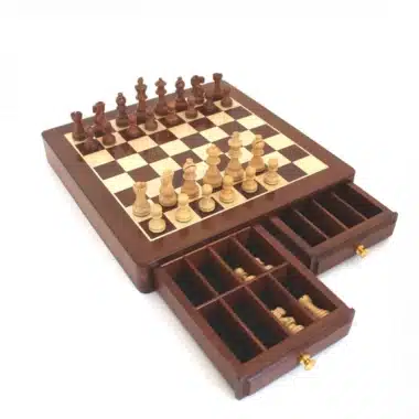 Classic XVI Set – Chess Board with Storage in Maple and Golden Rosewood with Golden Rosewood Chess Pieces