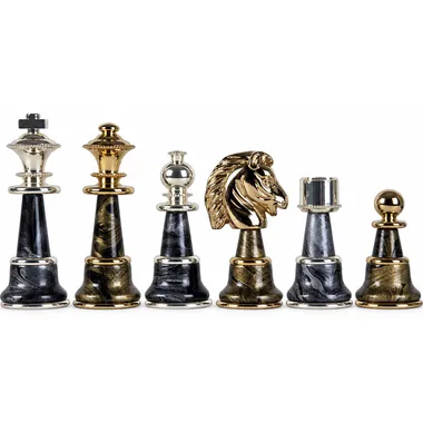 Staunton Fantasy XL pieces, gold and silver finishes, detailed horse head knight