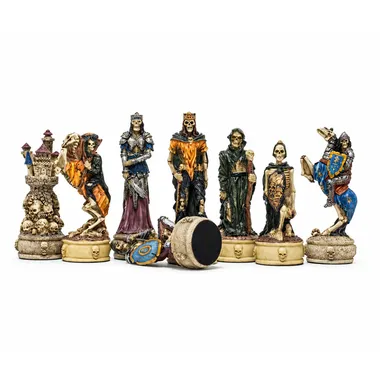 Zombie resin chess set, pieces grouped together showing the felt base