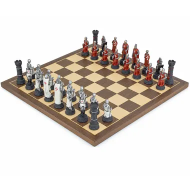 Complete Templars chess set, painted pieces facing off on walnut and maple board