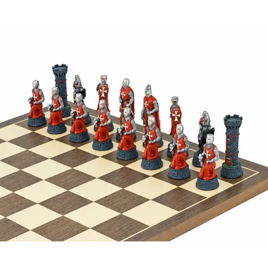 Red Templars pieces with detailed rook and knight on the chess board