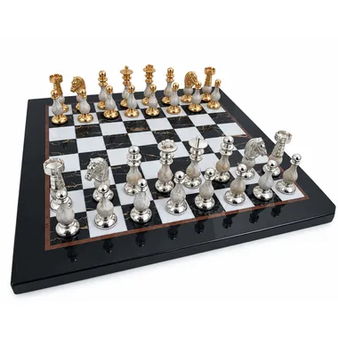 Complete Louis XIV set: gold and silver pieces on a black and white marble chess board