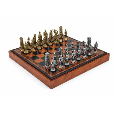 Romans vs Barbarians VII set with faux leather chess board and storage box