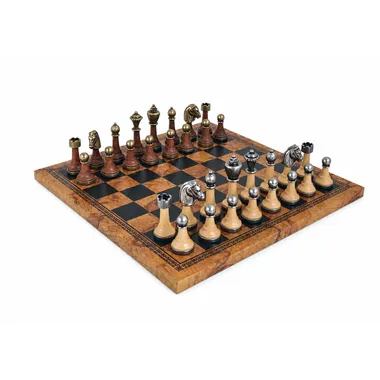 Brown faux leather chess board with wooden and metal Staunton chess set arranged