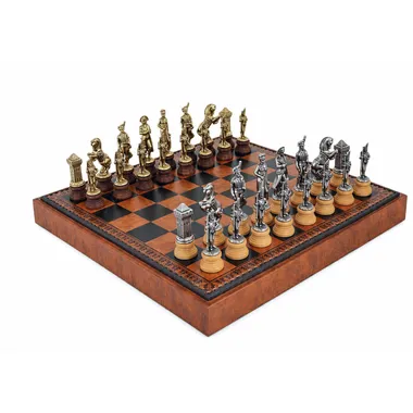 Complete Napoleon chess set with brown chess board and storage box, overall view