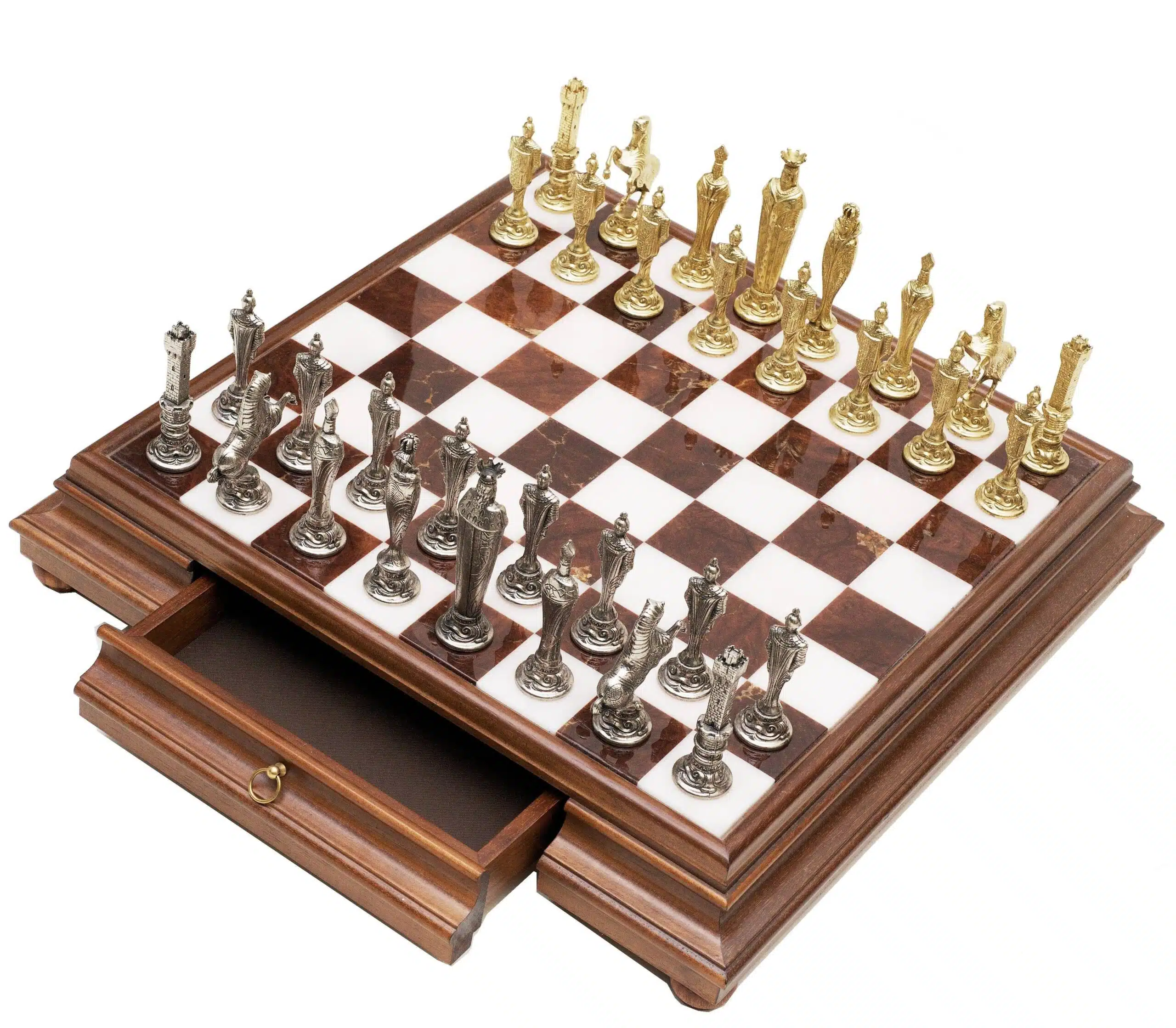 Florentine Renaissance III Chess Set and Pedestal Chess Board with Storage Drawer