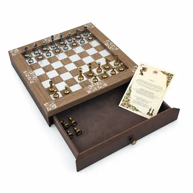 Open chess board with drawer pulled out, metal pieces and authenticity certificate