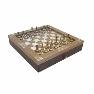Arabesque Set – Wooden Chess Board with Storage Drawer and Metal Staunton Chess Set